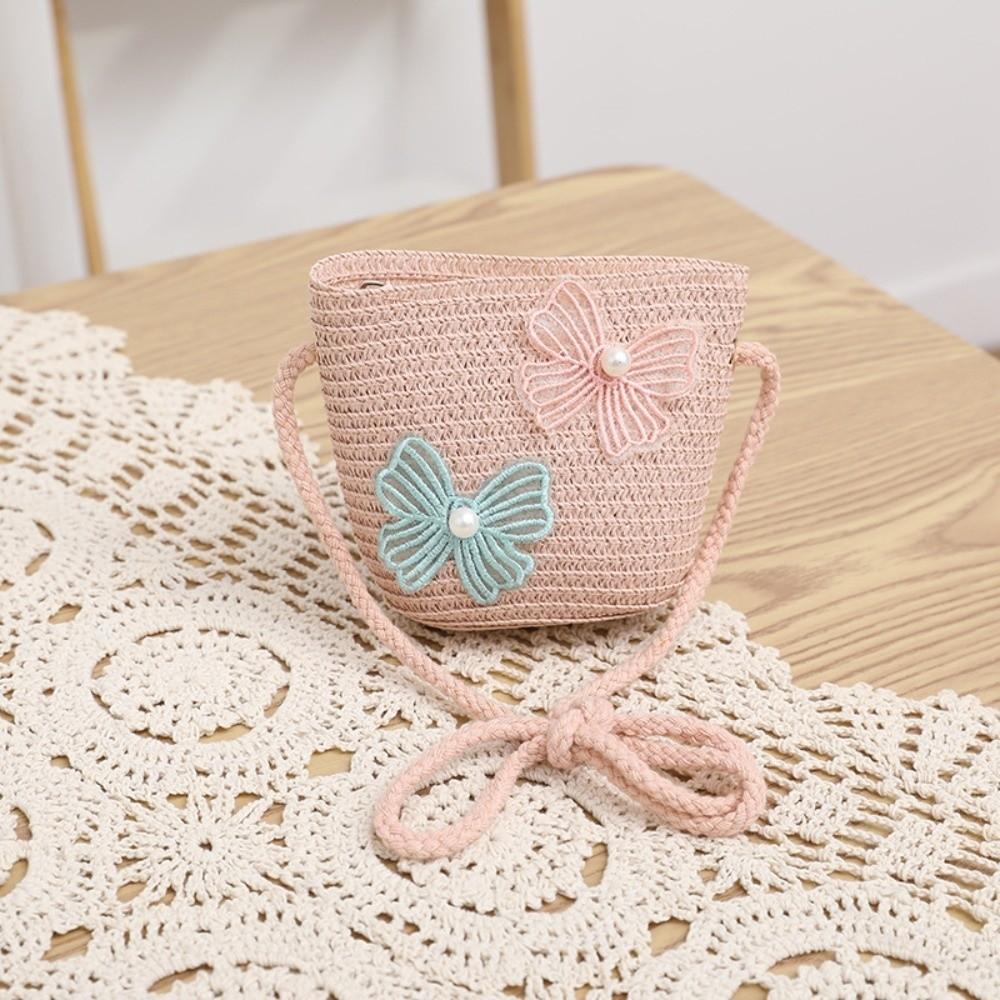 

Wide Brim Straw Bag Cap Set Pearl Bow Style Sun Hat Sunscreen Sunshade Hat for 2-8 Years Kids Pink-Bag