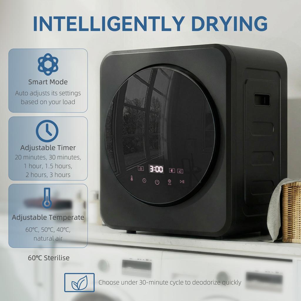 Vented Tumble Dryer, 4 Kg Front Tumble Dryer with Stainless Steel Tub, 800W Compact Freestanding Black