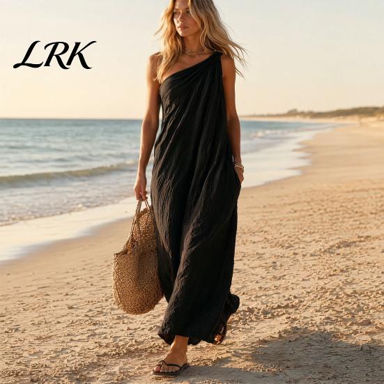 Comfortable Daily Dress Women's Summer One Shoulder Beach Sundress, Pleated A-line Lightweight Women Flowy Long Dress, Casual Loose Travel Vacation