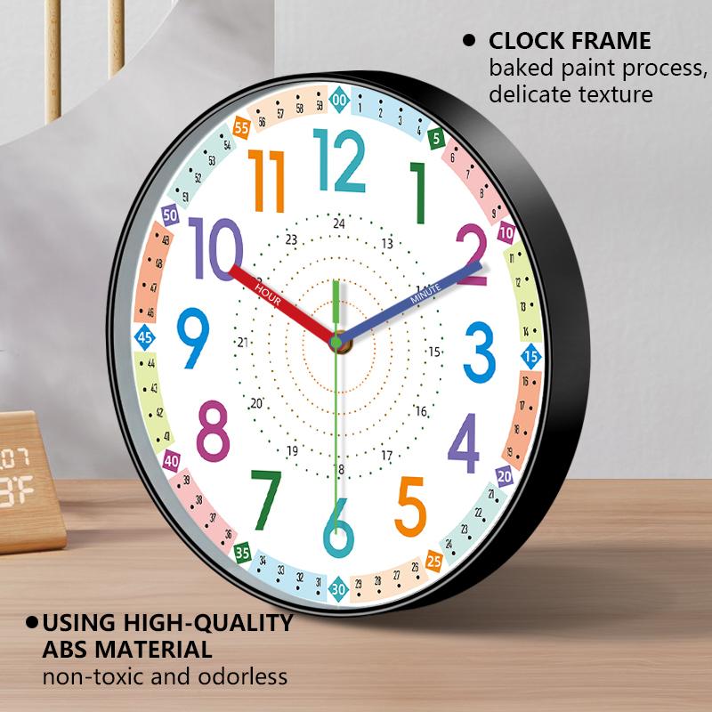 Kids Educational Wall Clock Color 12/24H Dial Non-Ticking Quartz Movement Wall Decor for School Classroom Kids Bedroom Playroom