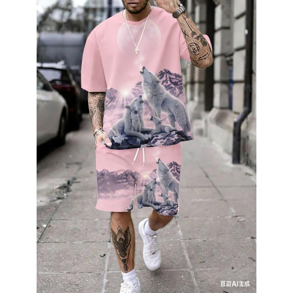 Men's Starry Sky Wolf Pack Print Short-Sleeved T-Shirt and Shorts Set
