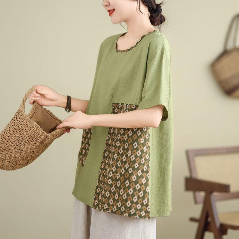 Summer New Artistic T-shirt Plus Size Women's Cotton and Linen Short-sleeved Shirt Middle-aged Loose Top