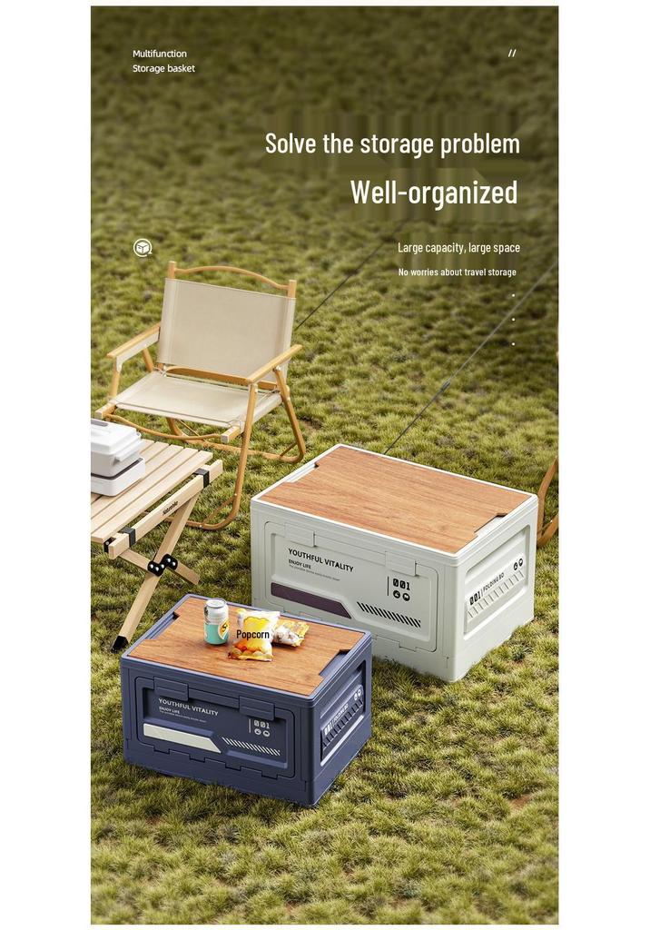 Extra Large Folding Outdoor Camping Storage Box with Wood Lid and Side Opening for Car Trunk