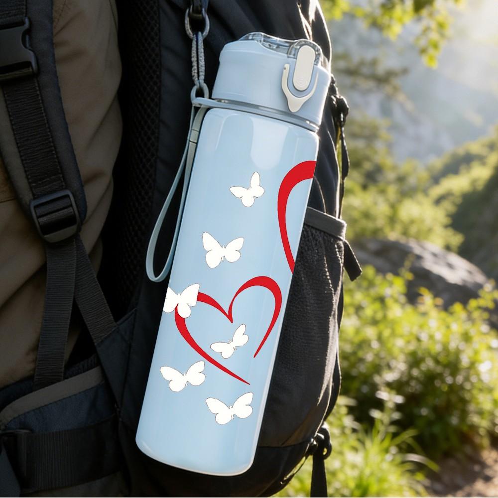 1PC Two Overlap Red Heart Line Print 750ml Color Plastic Sports Water Bottle Leakproof Flip Straw Lid Suitable for Sports Office Home Use
