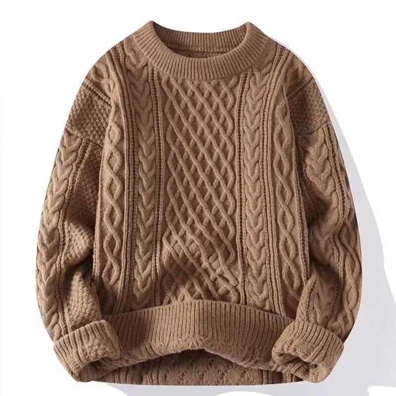 Męski sweter dzianinowy z warkoczem luźny długi rękaw gruby ciepły casualowy pulower