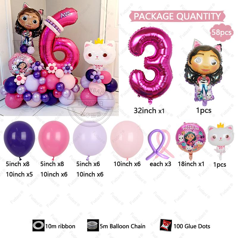 58pcs Cute Gabby Dollhouse Cats Theme Balloon Children's Birthday Party Decoration Latex Foil Ball Girl Gabby's Doll Balloon Toy