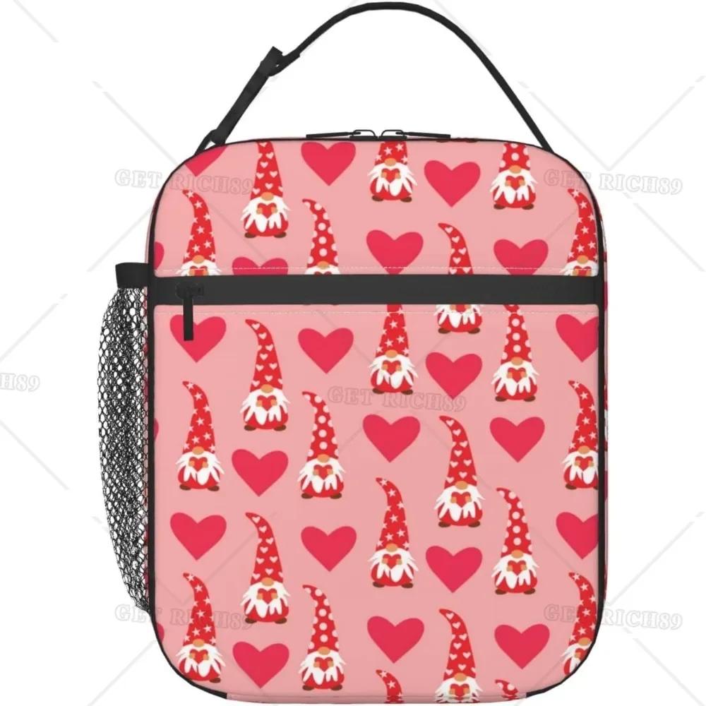 

Симпатичные гномы сердца многоразовая портативная сумка для обеда для мужчин и женщин, День святого Валентина тематические изолированные сумки для офиса работа поездки 26x21x11CM