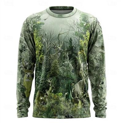 Cămașă cu mânecă lungă pentru bărbați 2026, imprimeu căprioară camuflaj, top cu gât rotund și grafică 3D, modă streetwear pentru exterior, îmbrăcăminte casual primăvară-vară