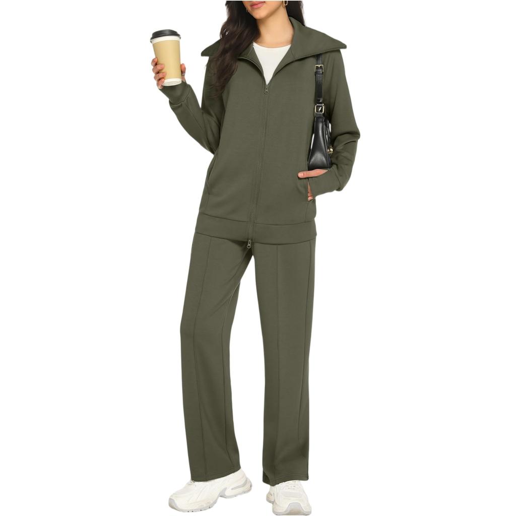 Women's Fashion V-neck Solid Color Long Sleeved Double Zipper Lapel Jacket Wide Leg Pants Sweatshirt Long Pants Set