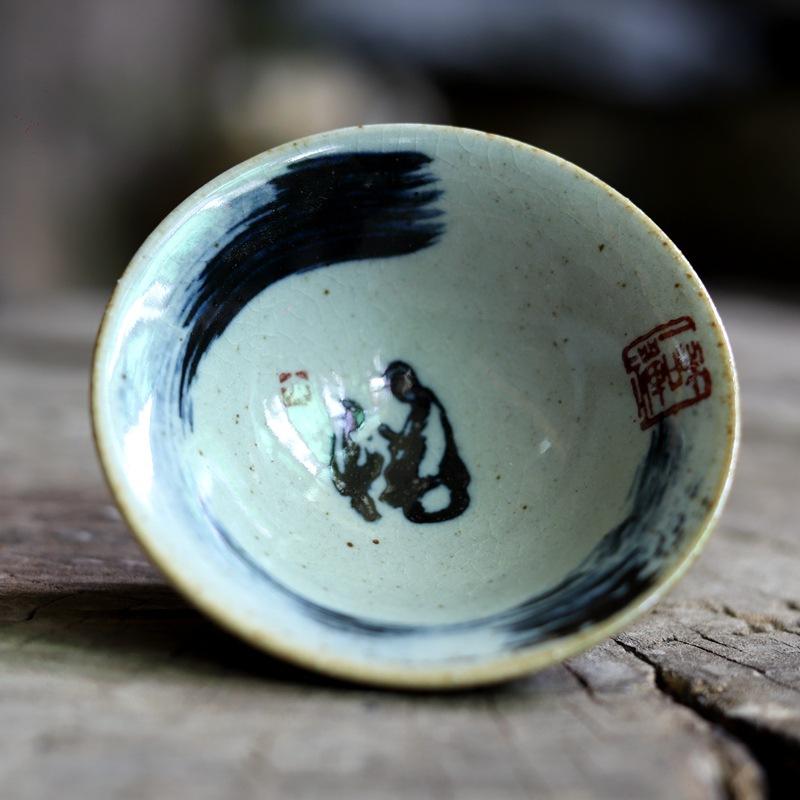 

Hand-Painted Calligraphy Tea Bowl - Ancient Pottery Bamboo Hat Cup for Puer Tea & Zen Ceremony Single Chinese Tea Ceremony Cup 70ml
