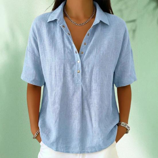 Women Shirt Lapel Buttons Half Placket Short Sleeve Shirt Tops Pure Color Loose Fit Casual Blouse Vacation Date Casual Wear