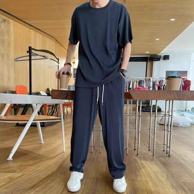 Men's Summer Thin Casual Plus Size Sports Suit Quick Drying Short Sleeved T-shirt+long Pants Daily Simple Two-piece Set