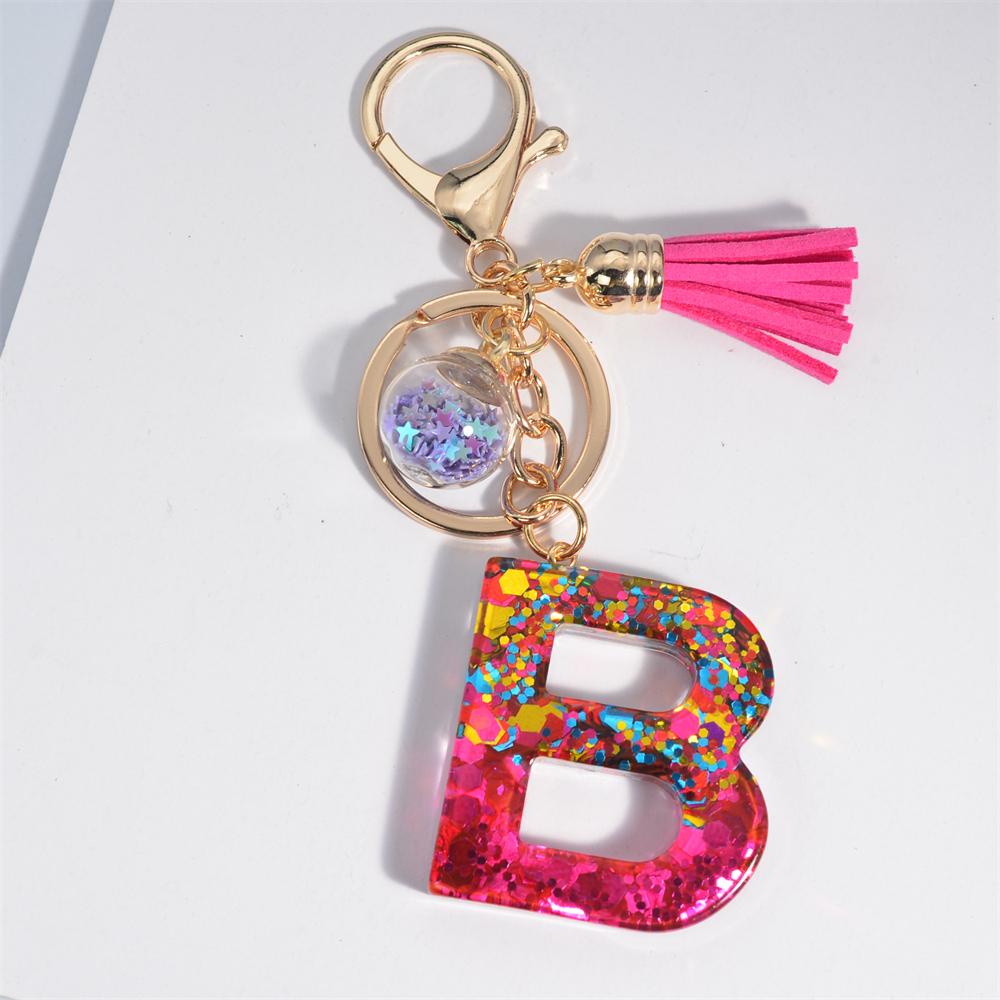 Fashion Tassel Star Ball 26Letters Keychain Colorful Sequins Resin Key Ring for Women Girls Car Handbag Phone Case Pendant Gifts