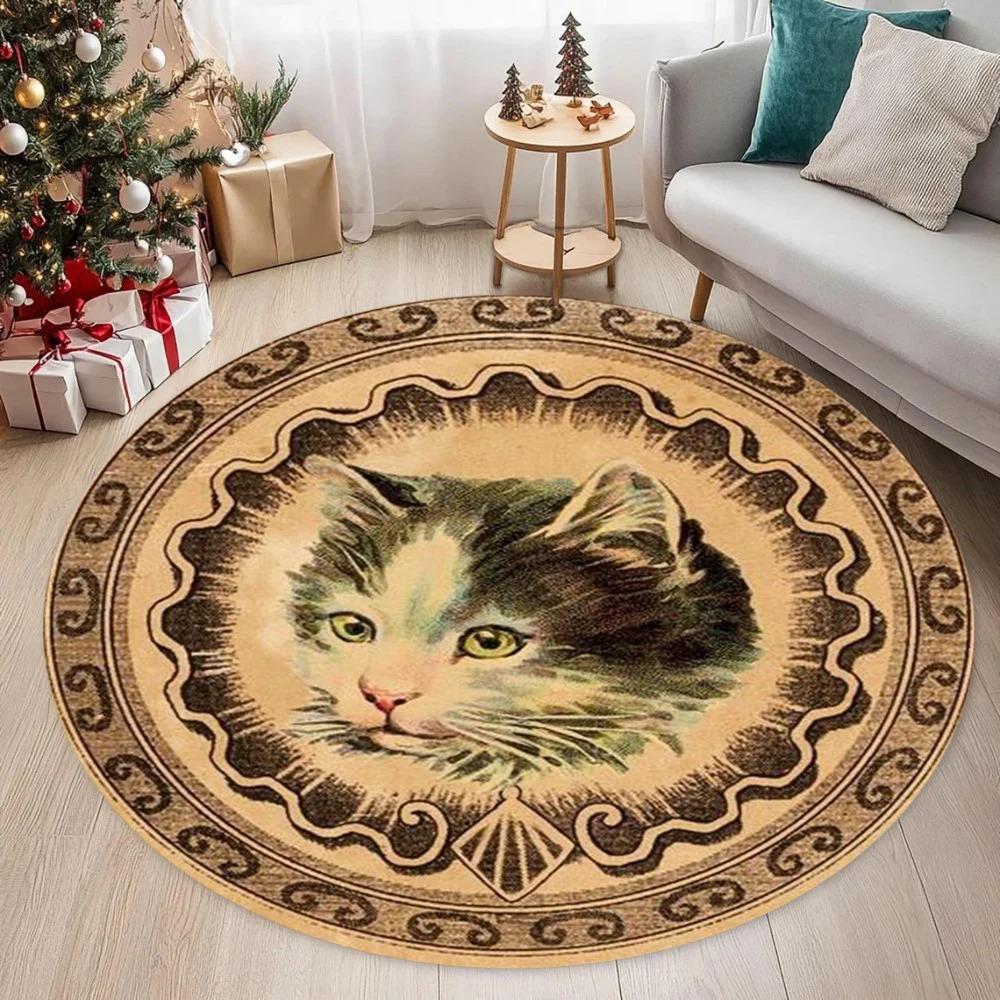 

Sweet Cat Pattern Round Rug, Vintage Cat Portrait Design, Soft Non-slip Floor Mat, Home Decor Carpet for Living Room, Bedroom 60cmx60cm