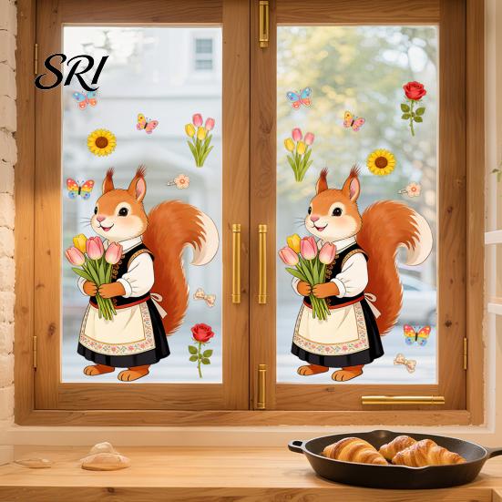 Renters Window Sticker Spring Fox Clings Cartoon Flowers Butterflies Glass Non-glue Decoration Removable Cute Animal Decals for Home Office Shop Decor