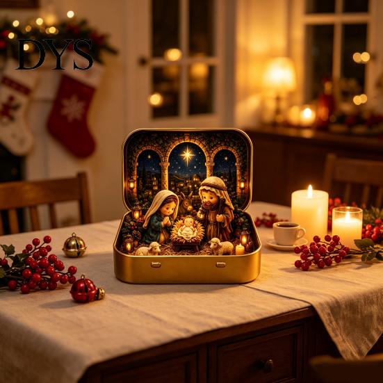 Miniature Holiday Scene Tiny Christmas Wonderland in a Tin, Mini Diorama Decor, Winter Home Accents with Santa, Tree, Gifts & Snowman, Table