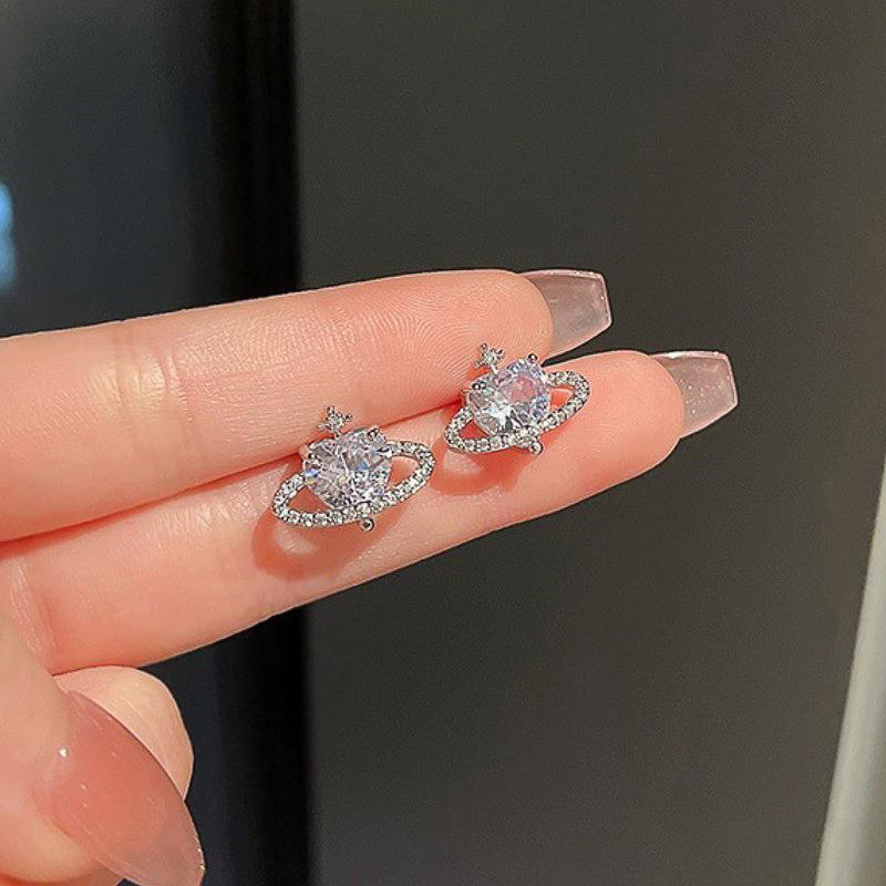 Huitan Exquisite Planet Shape Stud Earrings for Women Sparkling Crystal Cubic Zirconia Love Earrings Girl Gift Statement Jewelry
