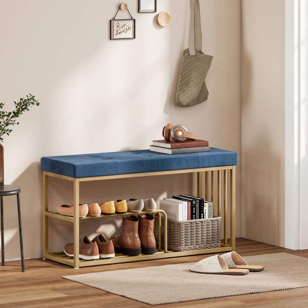 Bench and Shoe Storage, Tufted Shoe Storage Bench with Velvet Seat Cushion Gold Steel Frame for Entryway, Dark Blue
