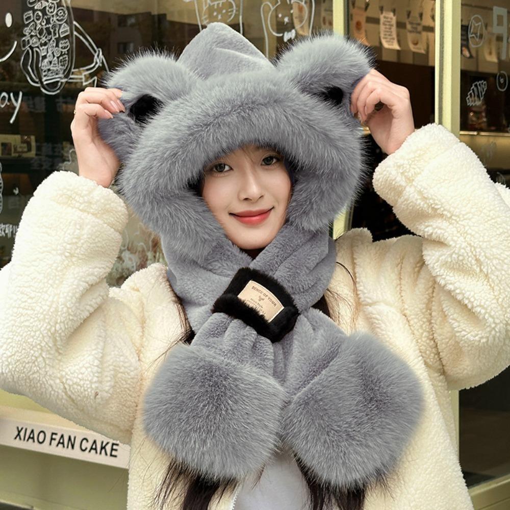 

Thickened Plush Bear Hat Scarf Two-Piece Set Neck Warmer Hat Cute Ear Protection Hooded Winter Grey B