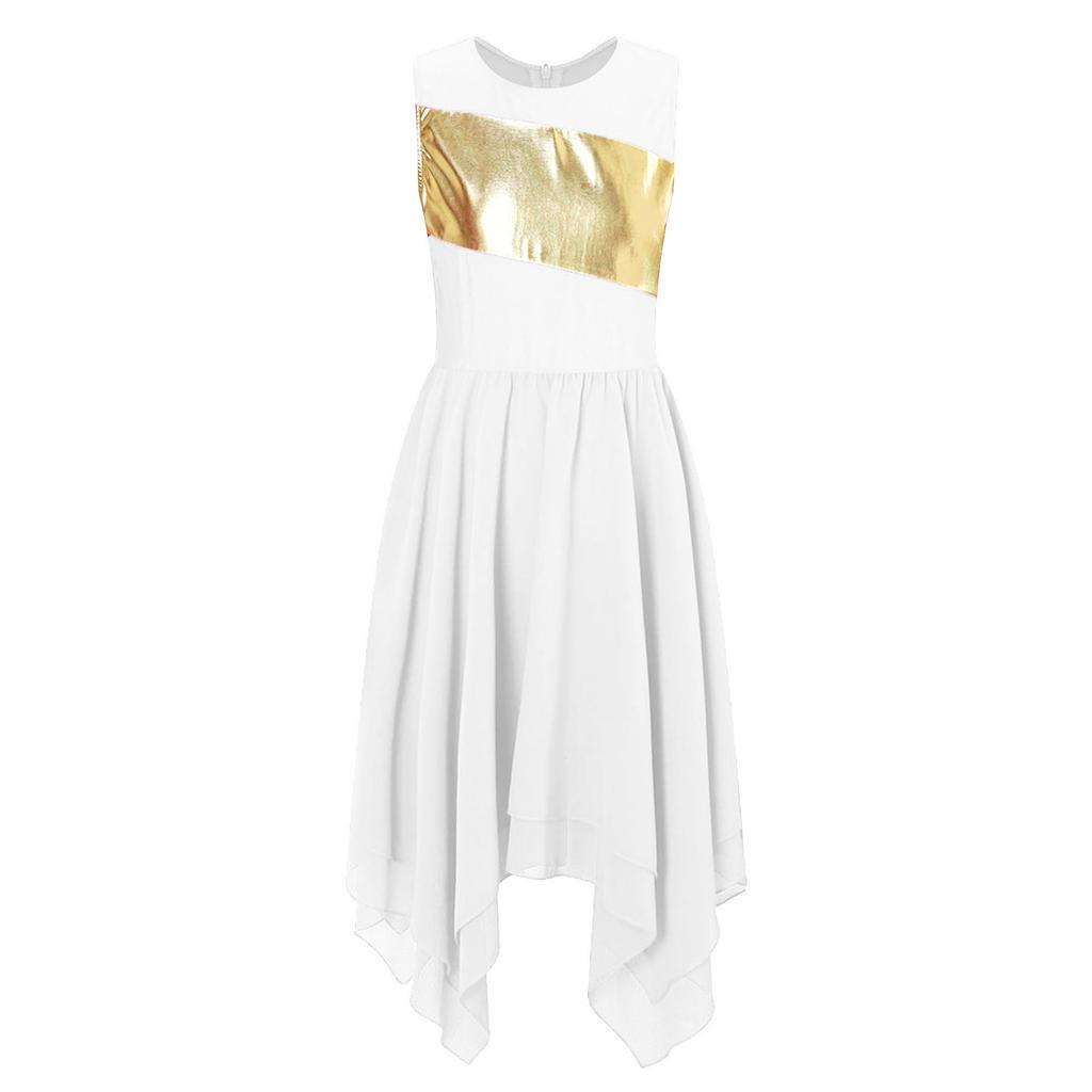 Girls Worship Liturgical Celebration Costume Color Block Sleeveless Asymmetric Hem Lyrical Dance Dress