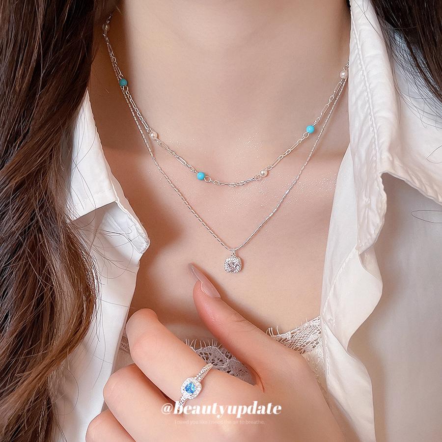 Luxury Double-Layer Pearl Zirconia Square Geometric Necklace - Versatile Clavicle Chain for Chic Commuting