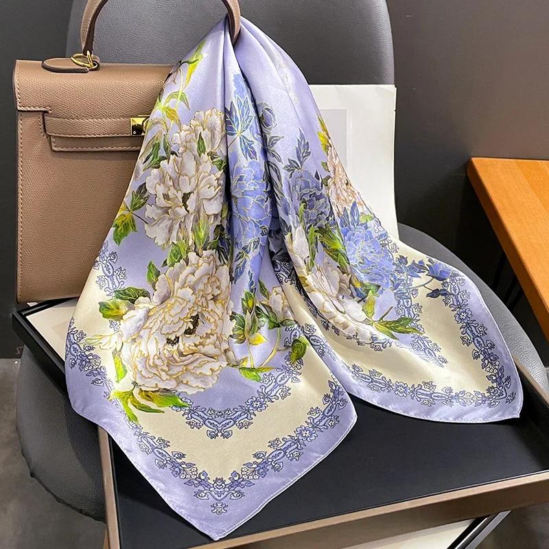 Luxury  Floral Print Square Silk Scarf for Women Hijab Hair Bands Neckerchief Female Satin Shawl Ribbon Headband Fashion