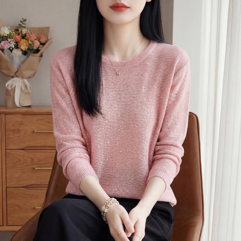 New Spring Pink Knit Round Neck Sweater for Women - Loose, Stylish Long Sleeve Base Top