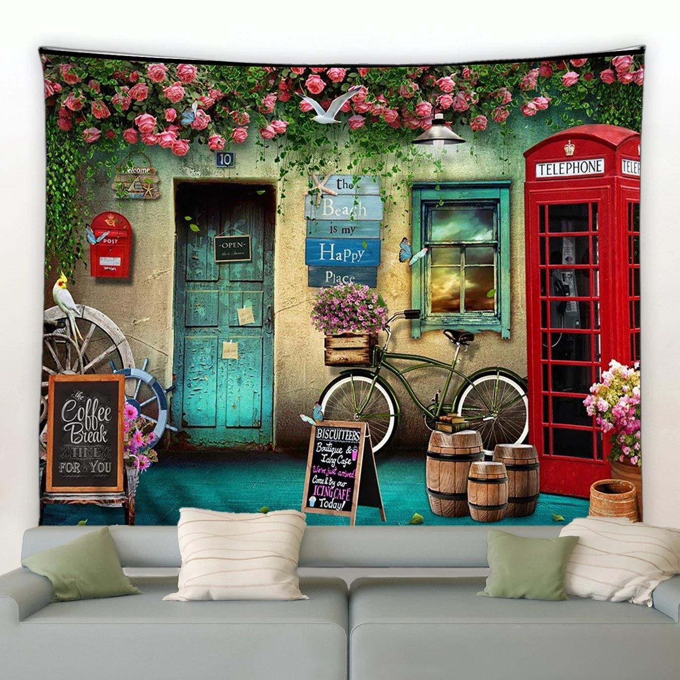Итальянский сельский город Улица Винтажный стиль Гобелен Пейзажный гобелен Декор Хиппи Настенный гобелен Одеяло для спальни W95xH70cm