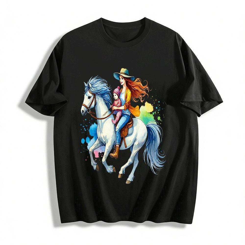 

Watercolor Mother And Baby Horse Riding Casual Top Pure cotton T-shirt XXS