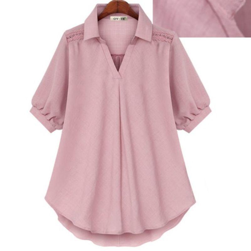 

European Pullover Leisure Short-Sleeved Crocheted Shoulder Shirt Pink L