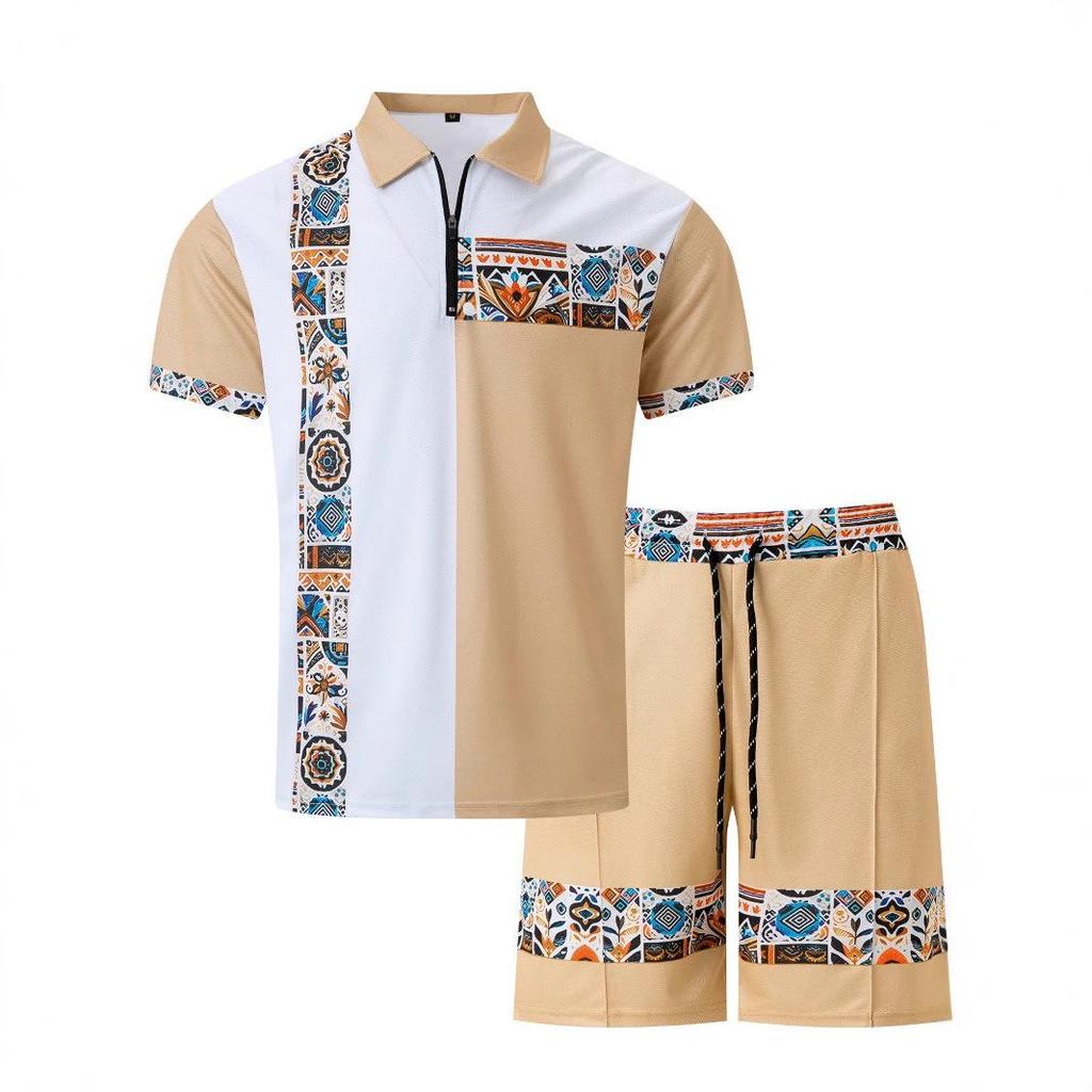2025 Men's Summer Color Block Print Two-Piece Set: Zipper Short Sleeve Top & Shorts