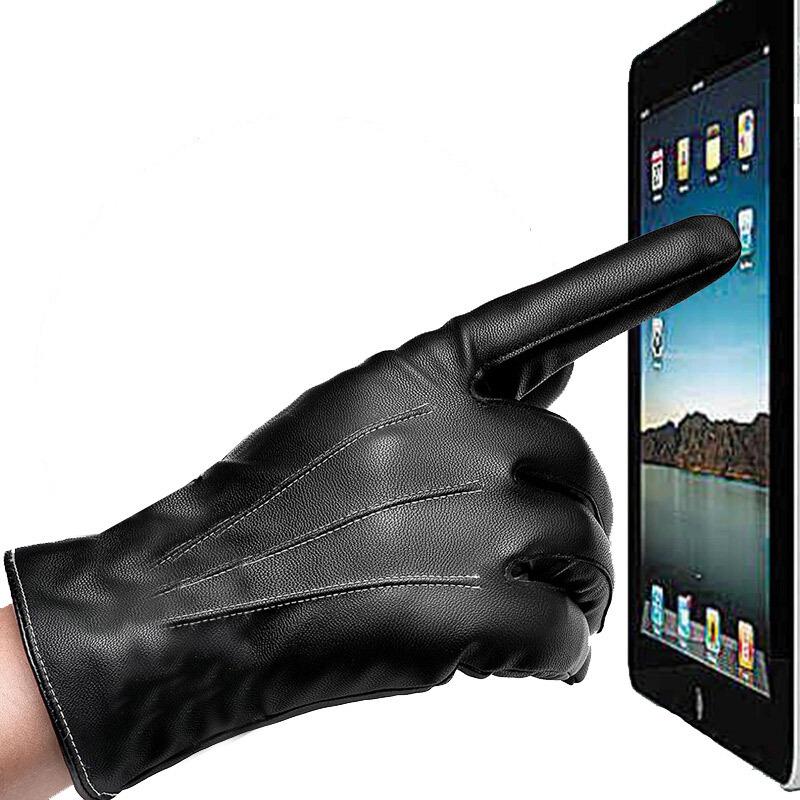 Autumn and winter leather gloves men's touch screen leather gloves PU driving three tendons skiing cold protection warm velvet thickened