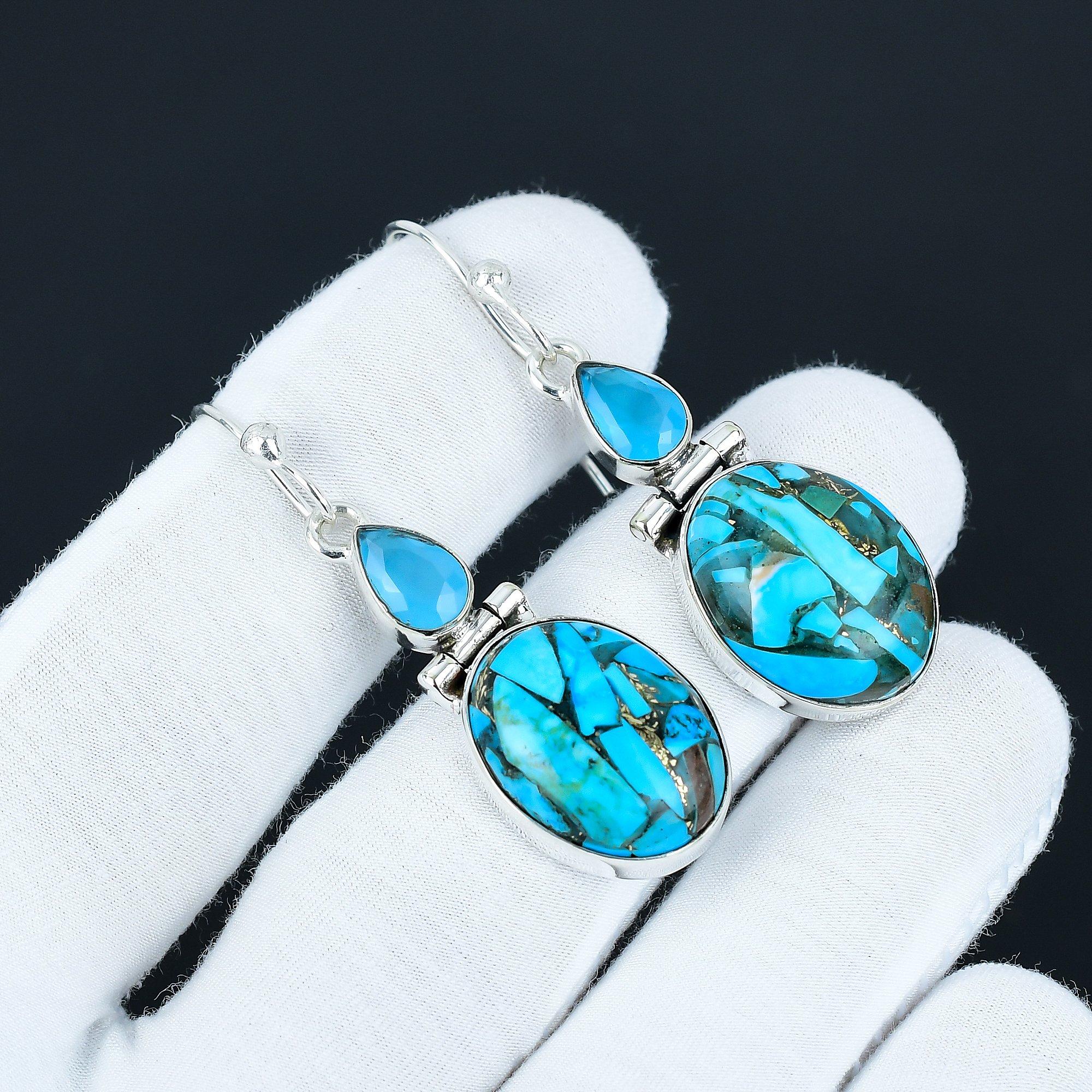 

Серьги с бирюзой и голубым халцедоном, серьги из стерлингового серебра 925 пробы, антикварные украшения, серьги-подвески для подарков на день рождения 5.5 Cm синий