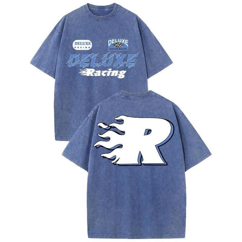 

Deluxe Racing Vintage Washed Cotton Pattern Print Cotton T-Shirt Men s T-Shirt Old Summer Clothing Drop Shoulder Sleeve Round Neck Tops Short Sleeve 5XL синій