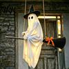 Playful Ghost Face Decoration Halloween Hanging Outdoor Decoration, Spooky LED Light Up Witch with Orange Bow Accents on Broom for Home, Tree, Porch,