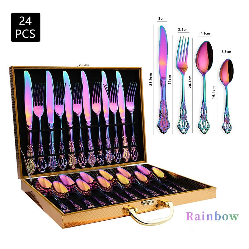 24pcs KuBac Luxury Golden Stainless Steel Steak Knife Fork Set Gold Cutlery Set With Luxury Wood Gift Box 16Pcs Drop Shipping