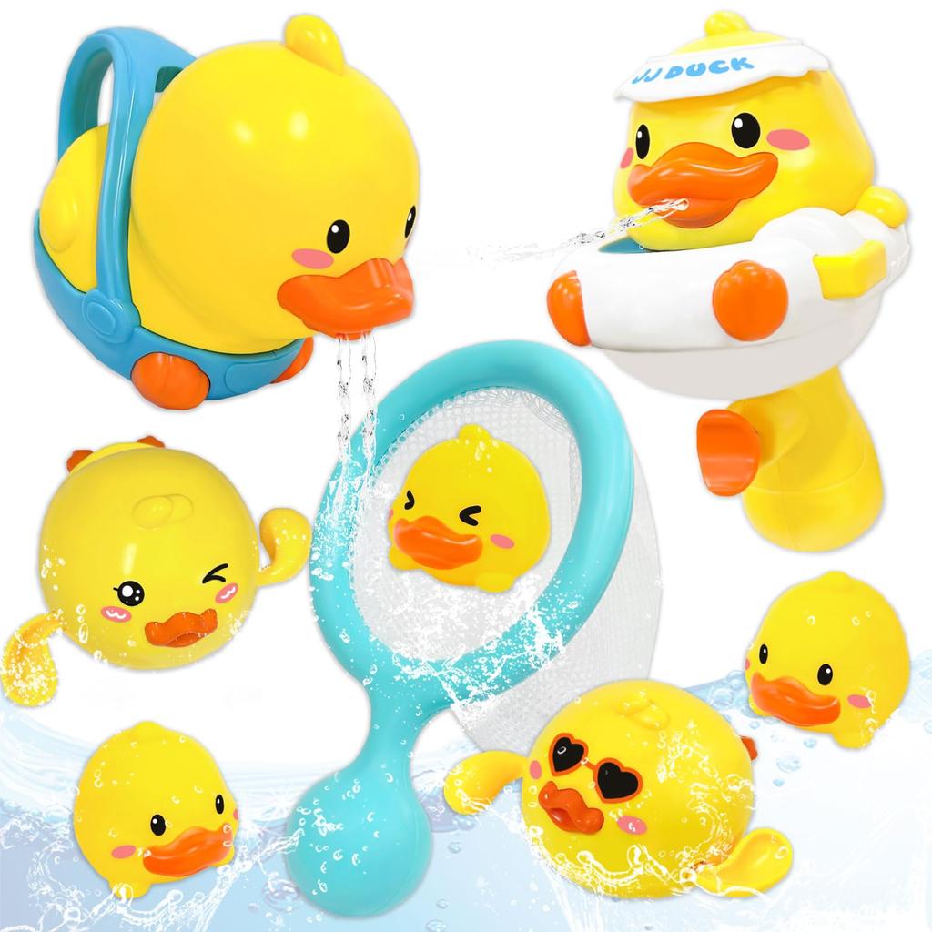 VBACALA Bath Toys: Swimming Duck, Water Gun, Watering Can, Net, Bathroom Water Play, Shower Toy, Storage Net Included, Christmas, Birthday Gift, 9