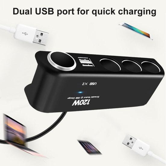 120W 4 Way Socket Car Lighter Splitter Dual USB Charger Power Adapter