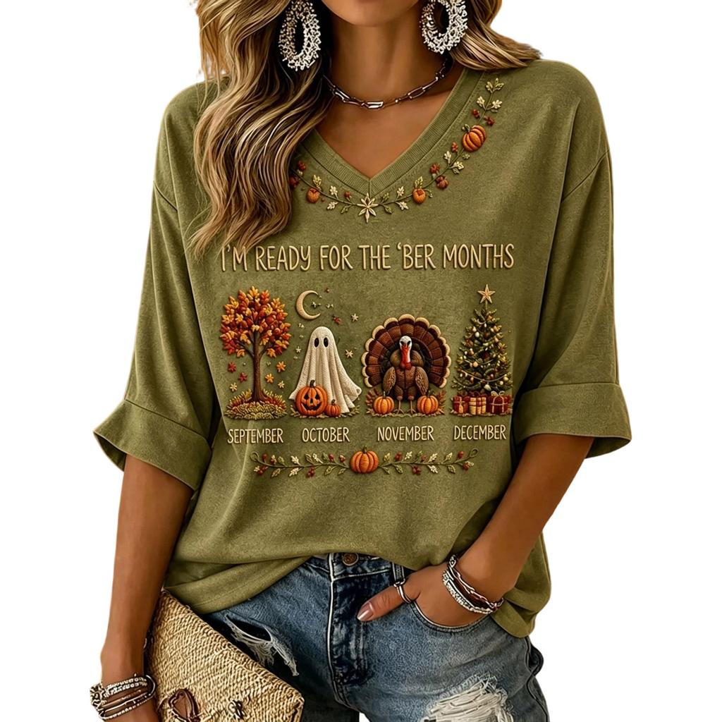 Women's Casual Halloween Print V-Neck Short Sleeve T-Shirt Top for Fall and Daily Wear