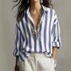 New European and American Wide Striped Casual Loose Shirt, Lapel Adjustable Roll Sleeve Shoulder Design Shirt