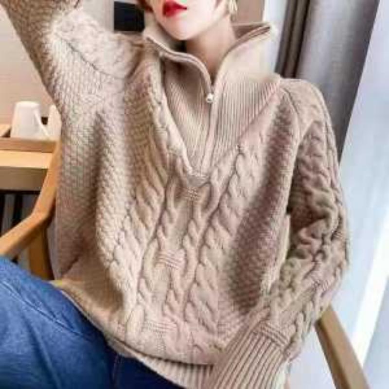 Women's Turtleneck Knitted Sweater Autumn Winter Korean Lazy Zipper Loose Pullover Top Thickened