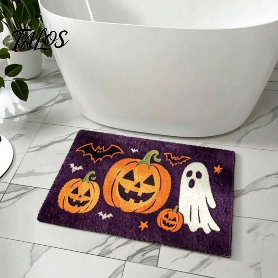 Absorbent Living Room Carpet Halloween Bath Mat, Pumpkin Ghost Bat Pattern Bathroom Rug, Non-slip Backing Door Rug Machine Washable Non-Slip