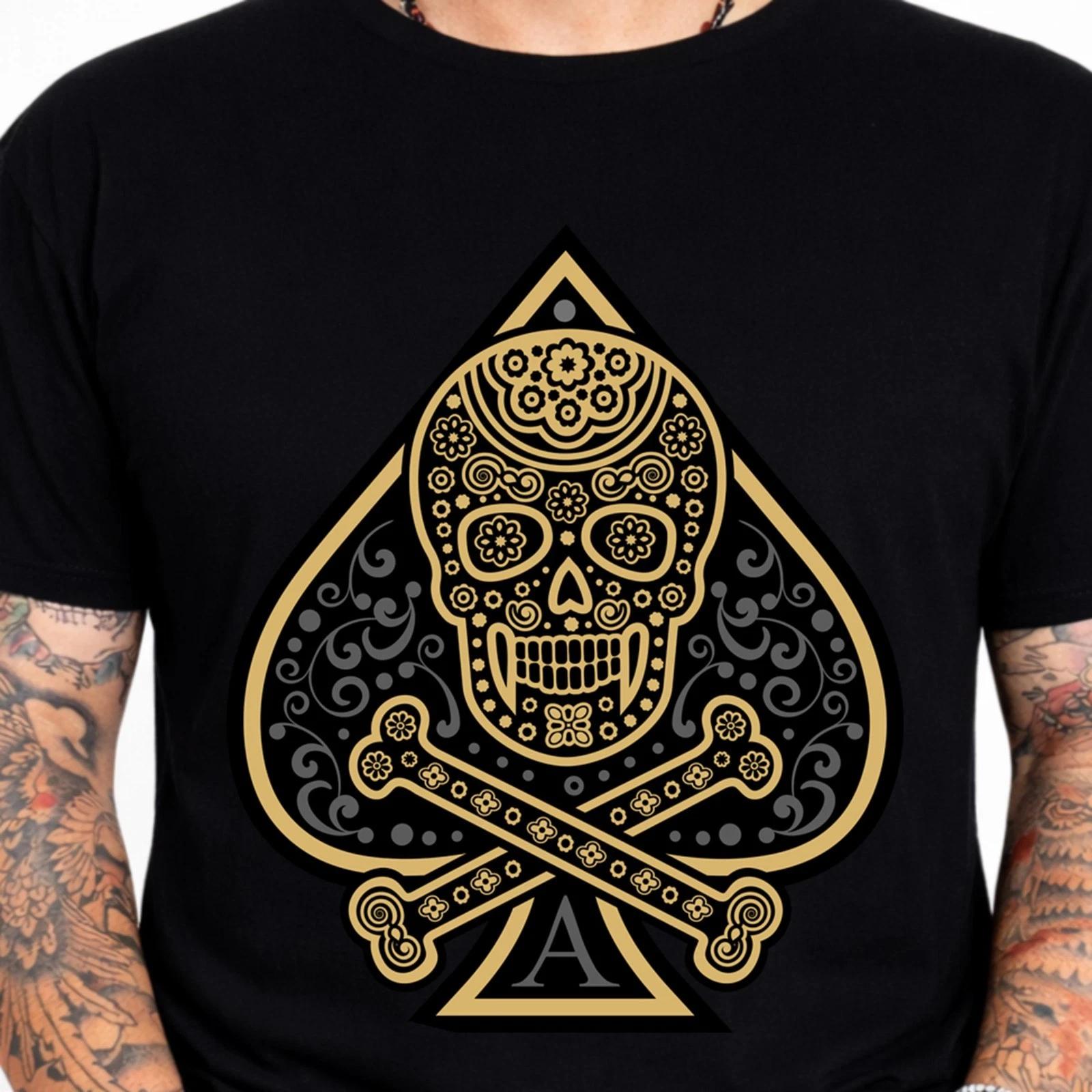 Ace Spade Sugar Skull Crossbones Graphic T-Shirt Day Of Dead Poker Tee Gothic M