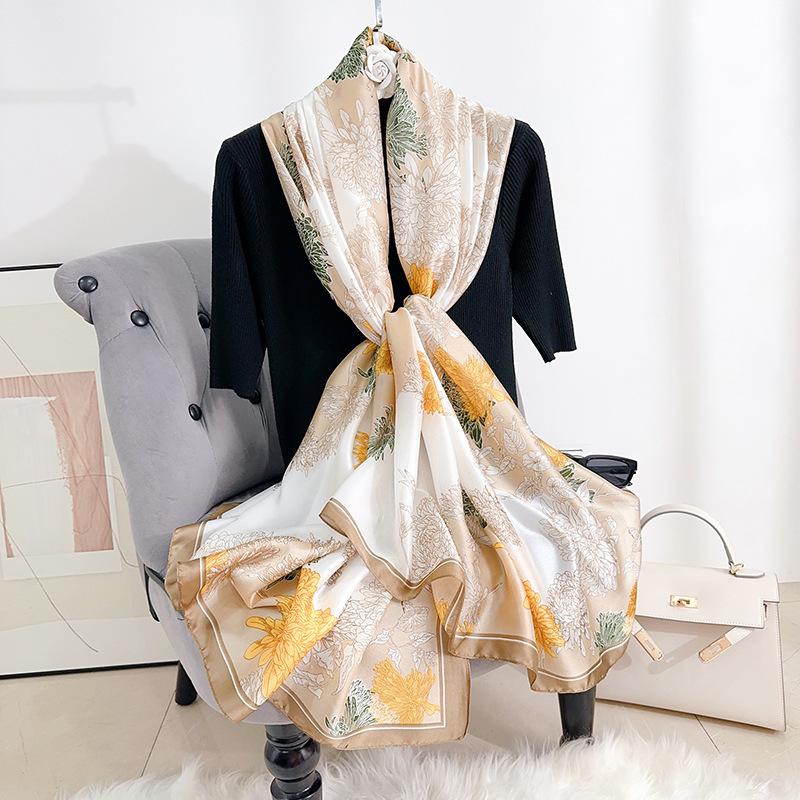 Small fresh design Korean print new silk satin temperament long scarf women's office shawl travel photo decorative scarf