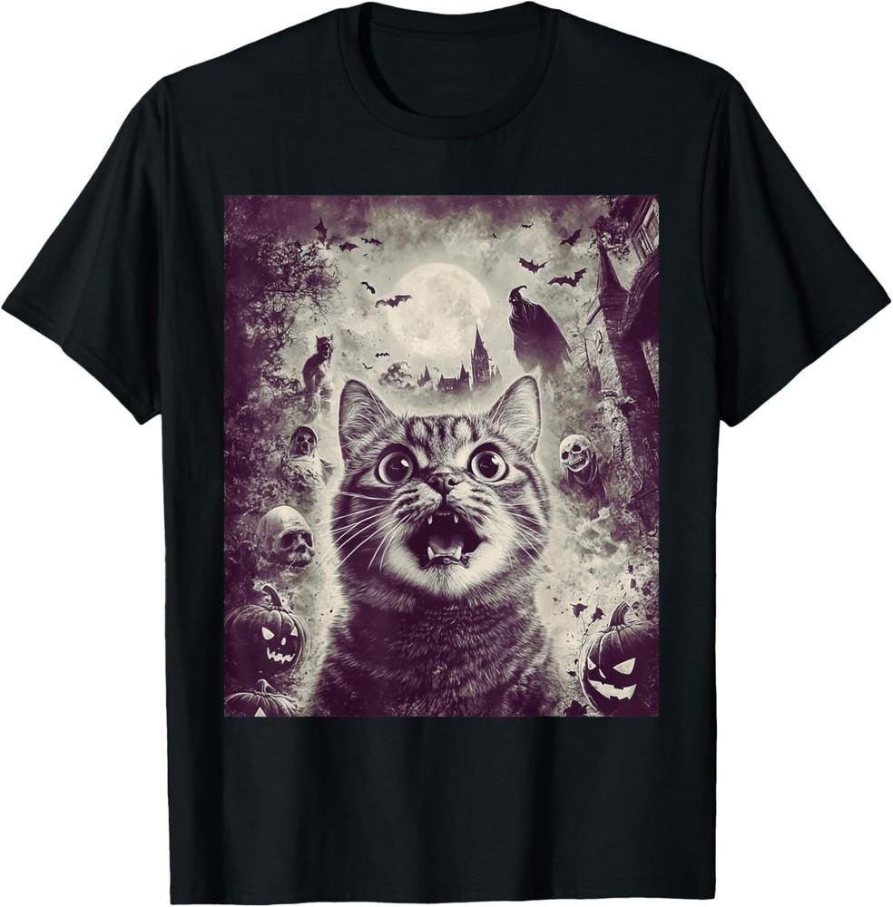 Funny Cat Selfie With Pumpkin Ghost Witches Halloween Horror T-Shirt Unisex T-Shirt S