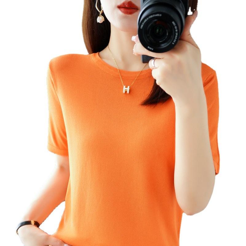 Round Neck Ice Silk Short-sleeved Knitted T-shirt Hot Season Loose Half-sleeved Thin Solid Color Versatile Temperament Top