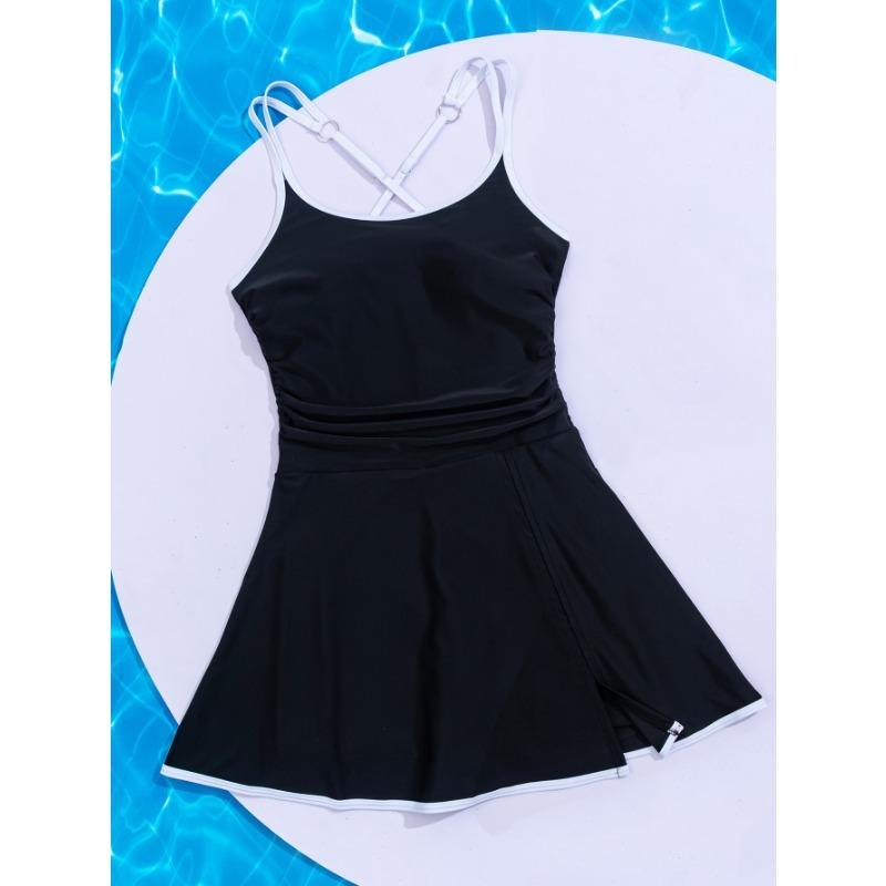 Women's New Matching Color Double Strap Skirt Slim Sexy Onepiece Shorts Bikini Swimsuit
