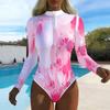 Women Long Sleeve One Piece Swimsuit Zip Front  Tie-dye Paint Print Rash Guard Surfing Bathing Suit