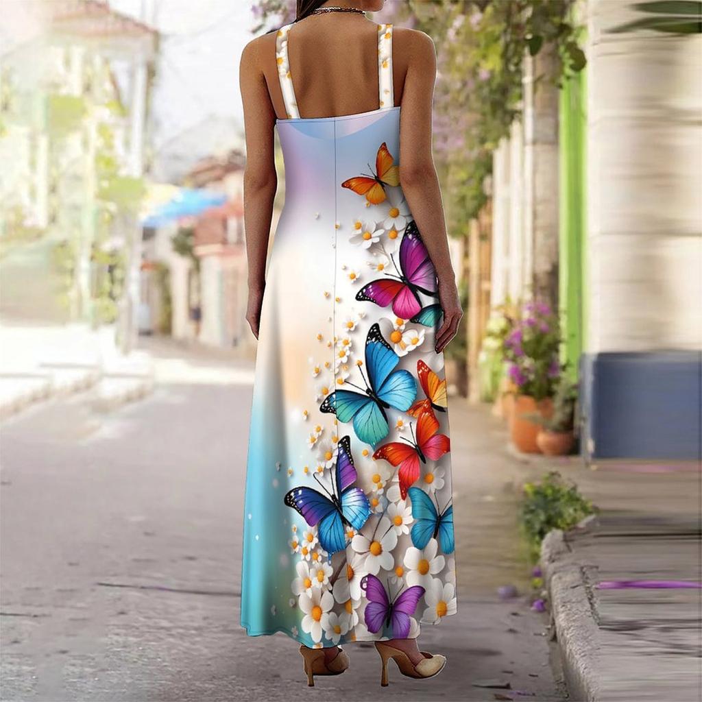 Women's Slip Dress Maxi Long Dress Butterfly Flowers Print Stitching Print Dress Spring & Summer Leisure Vacation
