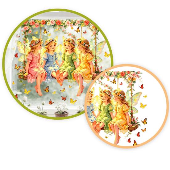 Fairy Window Sticker, Watercolor 4 Fairies Swing Window Cling, Colorful Flowers Butterflies Static Glass Decal for Kids Room Bedroom